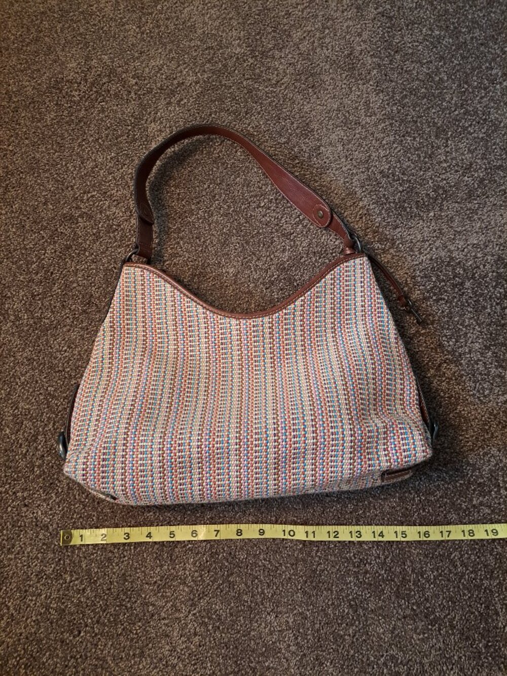Vintage Fossil Key Earthtones woven hobo shoulder bag w/colorful striped pattern - Picture 5 of 13